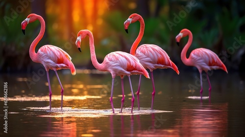  a group of pink flamingos standing in a body of water. generative ai