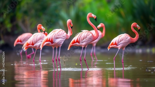  a group of pink flamingos standing in the water together. generative ai