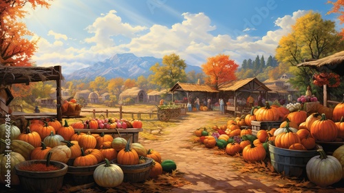  a painting of a farm with pumpkins and other produce.  generative ai