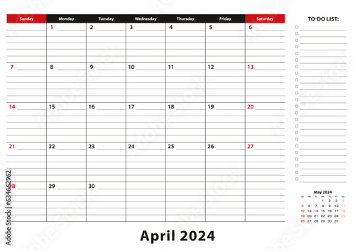 April 2024 Monthly Desk Pad Calendar week starts from sunday, size A3.