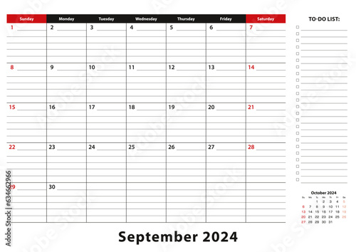 September 2024 Monthly Desk Pad Calendar week starts from sunday, size A3.