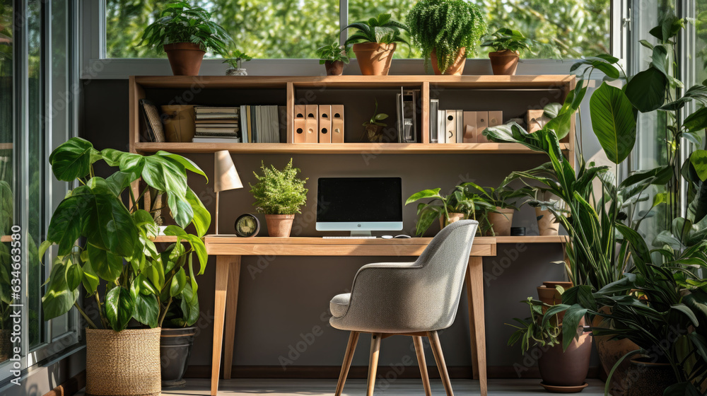 a computer monitor in a study full of green plants.