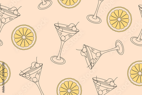 Seamless pattern with cocktail glasses and lemon slices isolated on light background.