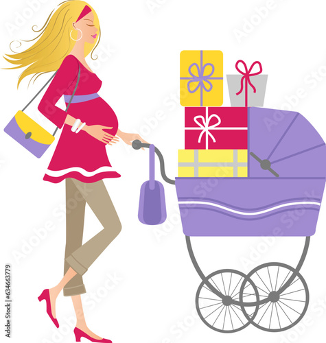 Modern elegant blonde pregnant woman with a purple pram full of gifts illustration