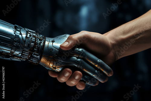 Robot and human handshake as a sign of deal or truce