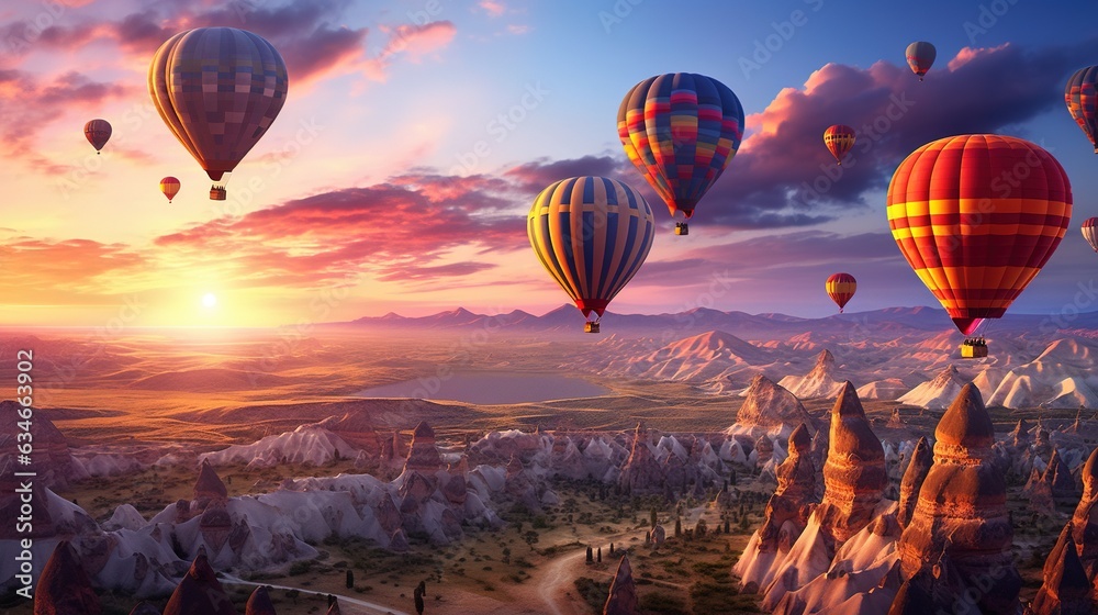  a group of hot air balloons flying over a mountain range.  generative ai
