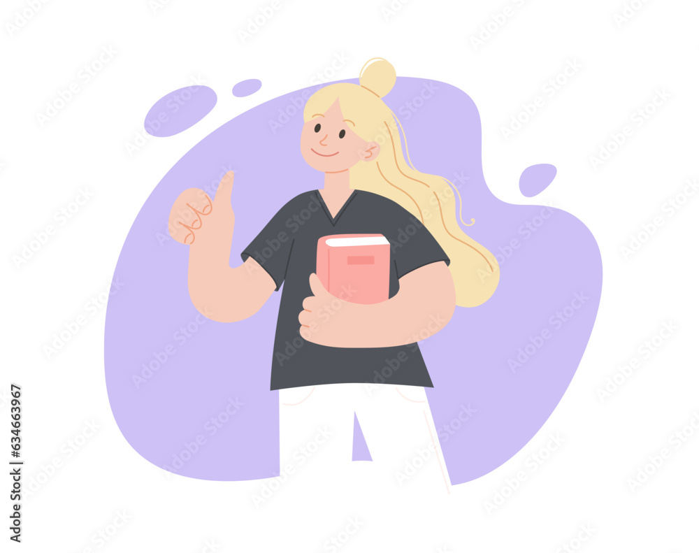 Learning and reading concept. Young positive woman standing showing thumbs up sign holding a book. Vector illustration in minimalist style Learning and reading concept. Young positive woman standing showing thumbs up sign holding a book. Vector illustration in minimalist style