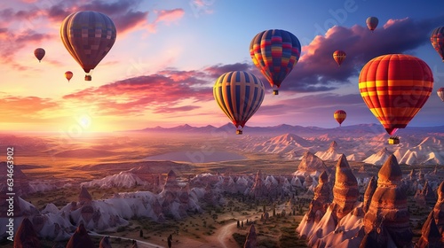  a group of hot air balloons flying over a mountain range. generative ai