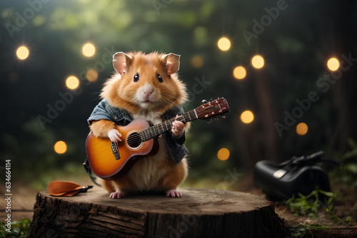 A hamster musician stands in the forest on a stump and plays the guitar. photo