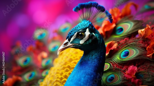 Photo of a majestic blue peacock displaying its magnificent feathers created with Generative AI technology photo