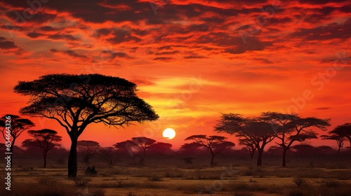  the sun is setting over the trees in the savannah area.  generative ai © Olga