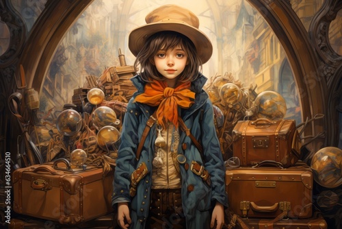 Child in adventure style. Solo traveller, traveling and expedition concept.
