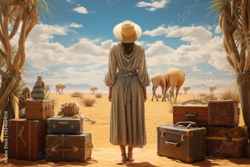 Beautiful woman as tourist. Solo traveller, traveling concept. Travel bag