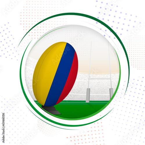 Flag of Colombia on rugby ball. Round rugby icon with flag of Colombia.