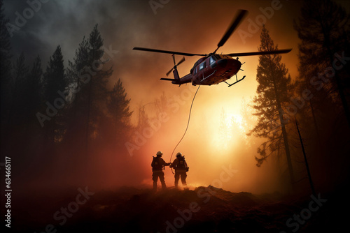 helicopter and firefighters in forest on fire. Generative AI