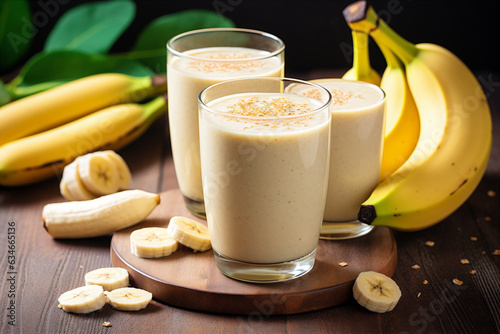 glass of banana smoothie and bananas lying side by side.  