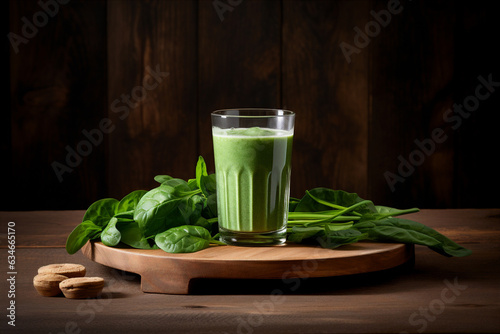 a glass of smoothie with spinach on an oak table. 