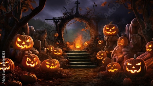  a group of pumpkins lit up in the night with a staircase leading up to them.  generative ai