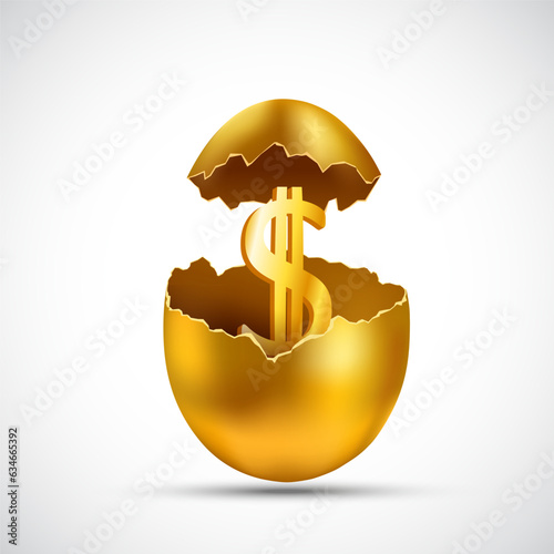 Dollar currency sign in a broken golden egg. Isolated on white background. vector illustration