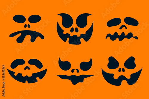 Scary Halloween faces collection. Helloween spooky pumpkin ghost eyes and mouths set. Flat vector illustration isolated on orange background