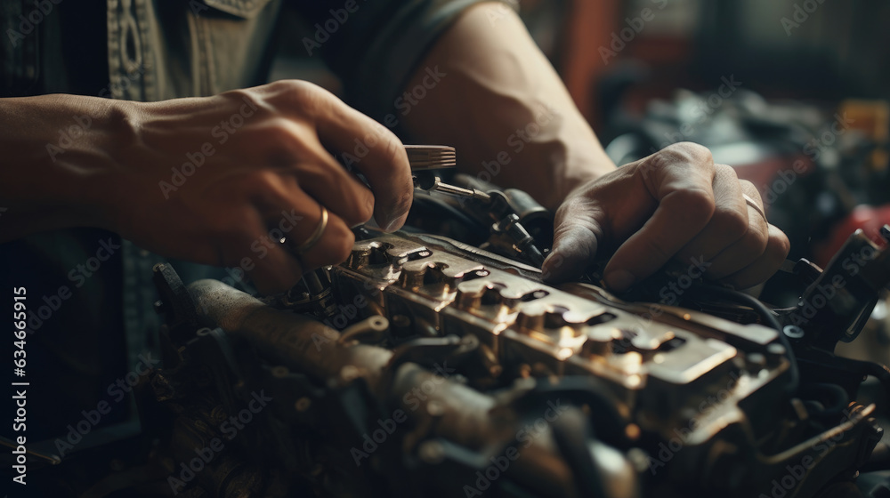 Fototapeta premium A mechanic repairing a car's engine