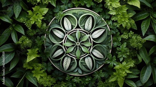  a circular metal object surrounded by green leaves and foliages. generative ai
