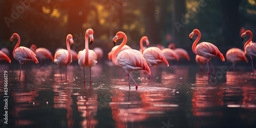 Large group of american flamingos standing together at the water coast, colorful and tropical birds from the galapagos islands © Haleema