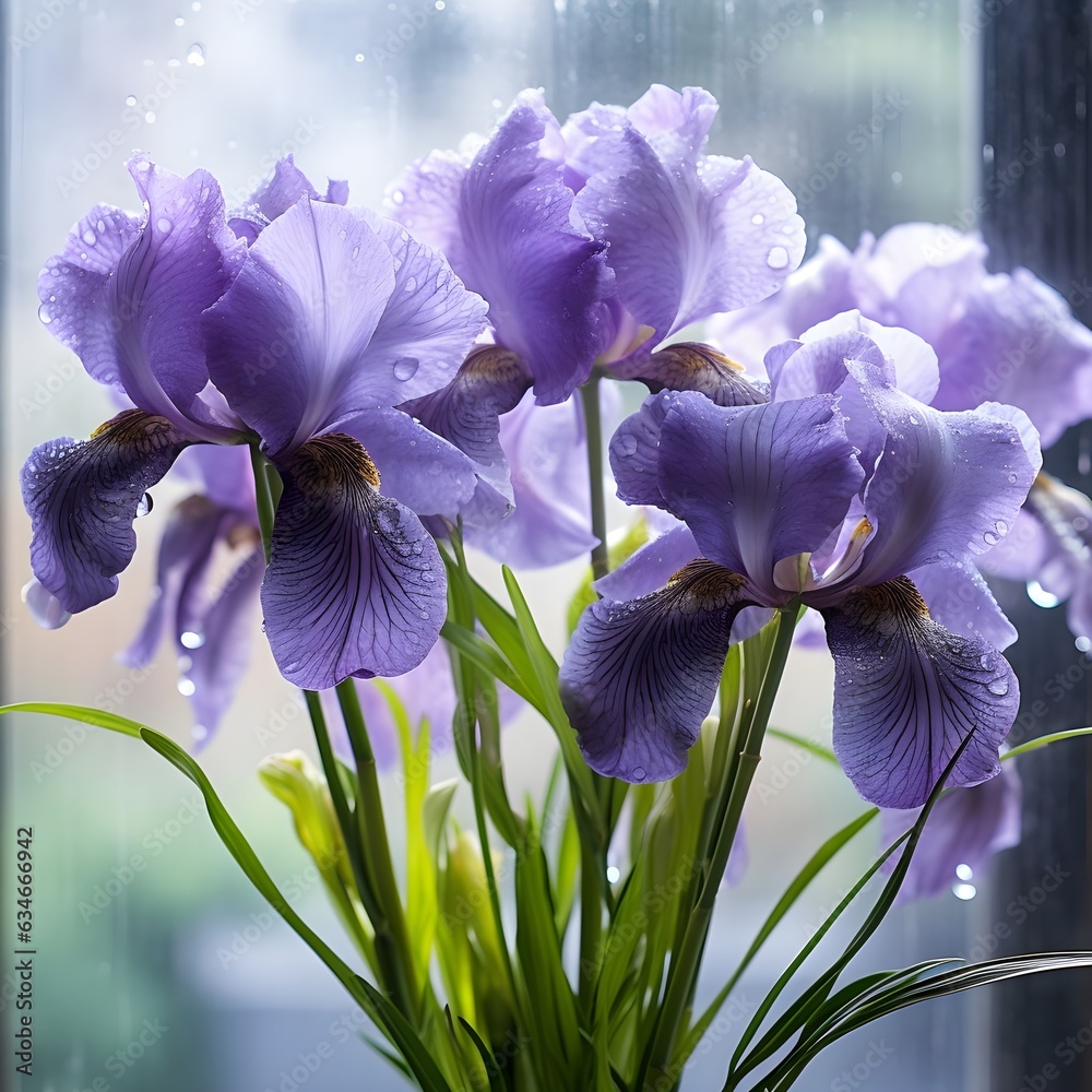 flower irises background, summer, bright summer fresh flowers with dew drops, in blur, fog, flower background for phone, AI generated