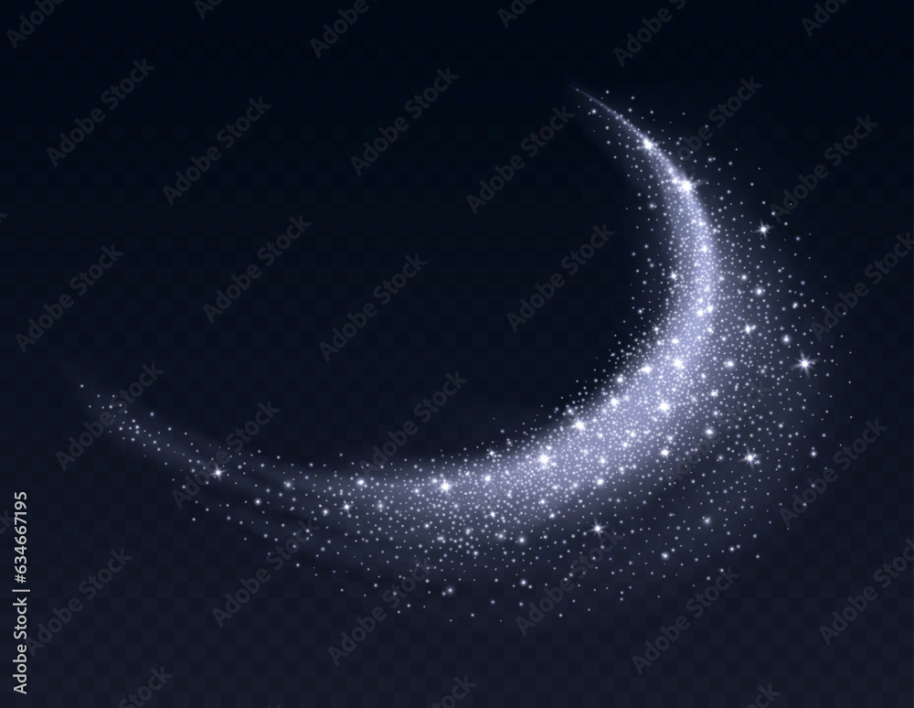 Silver dust cloud with sparkles isolated on dark background. Stardust sparkling background. Glowing glitter smoke or splash. Vector illustration. Christmas decoration.