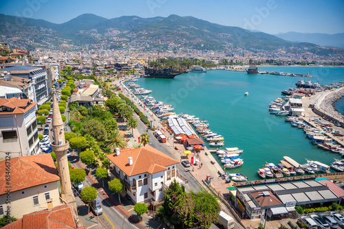 Aerial panorama landscape of Alanya harbor. View from with Red Tower or Kizil Kule  Alanya Castle  Turkey.