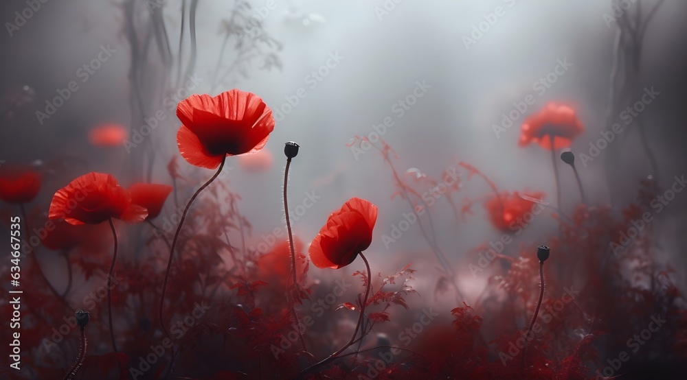 Obraz premium flower red poppies background, summer, bright summer fresh flowers with water drops, in blur, fog, flower background for phone, AI generated