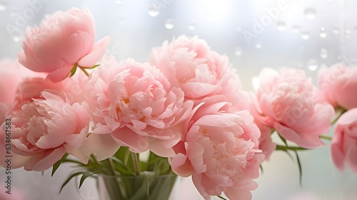 flower peonies, background, summer, bright summer fresh flowers with dew drops, in blur, fog, flower background for phone, AI generated