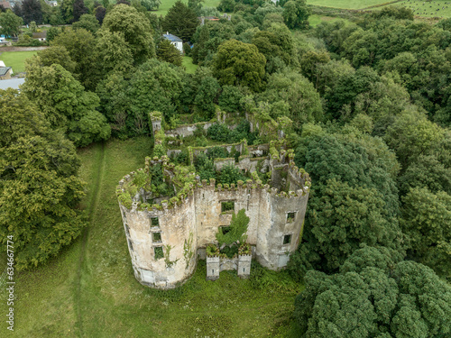 Aerial view of ruined and overgrown Buttevant or Barry's castle on the Awbeg river in County Cork Ireland with large circular towers  photo