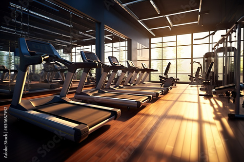 Energizing Morning Workouts Inside a Modern Fitness Center Gym Club with Treadmills on a Sunny Day. created with Generative AI