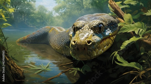  a painting of a snake in the water surrounded by plants. generative ai