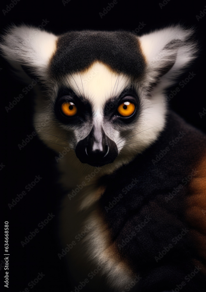 Fototapeta premium Animal face of a wild lemur on a black background conceptual for frame