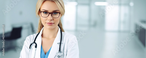 Portrait of a female doctor in uniform and stethoscope on blurred background of a hospital corridor