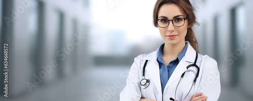Portrait of a female doctor in uniform and stethoscope on blurred background of a hospital corridor