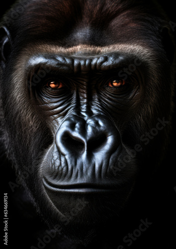 Animal portrait of a wild gorilla on a black background conceptual for frame