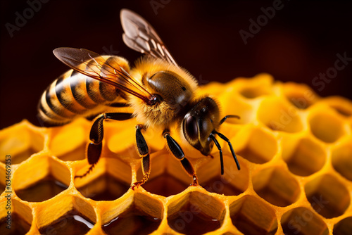 bee sitting on a honeycomb. 
