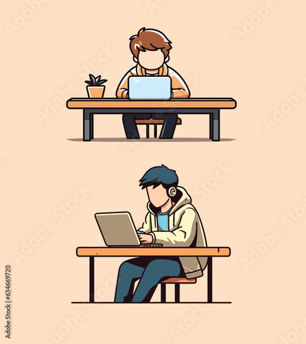 Vector student with laptop education or studying concept vector illustration a young boy studying on a laptop