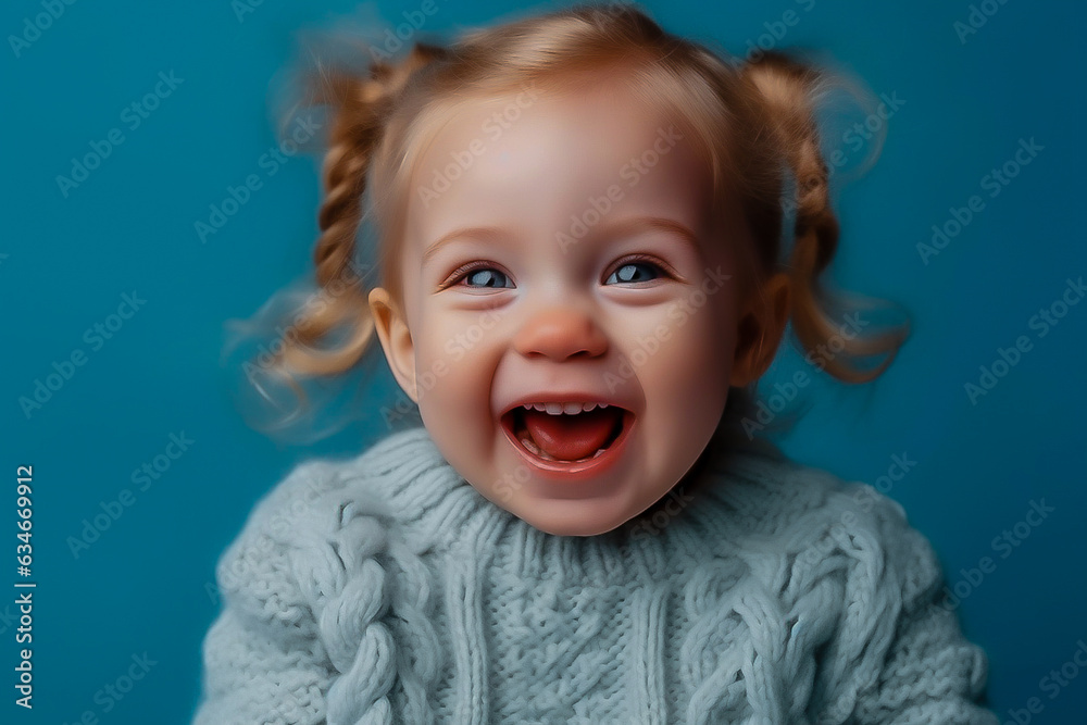 happy little girl curly blonde in a blue sweater, smiling on a blue background in the studio. Winter concept happy little girl curly blonde in a blue sweater, smiling on a blue background in the studio. Winter concept