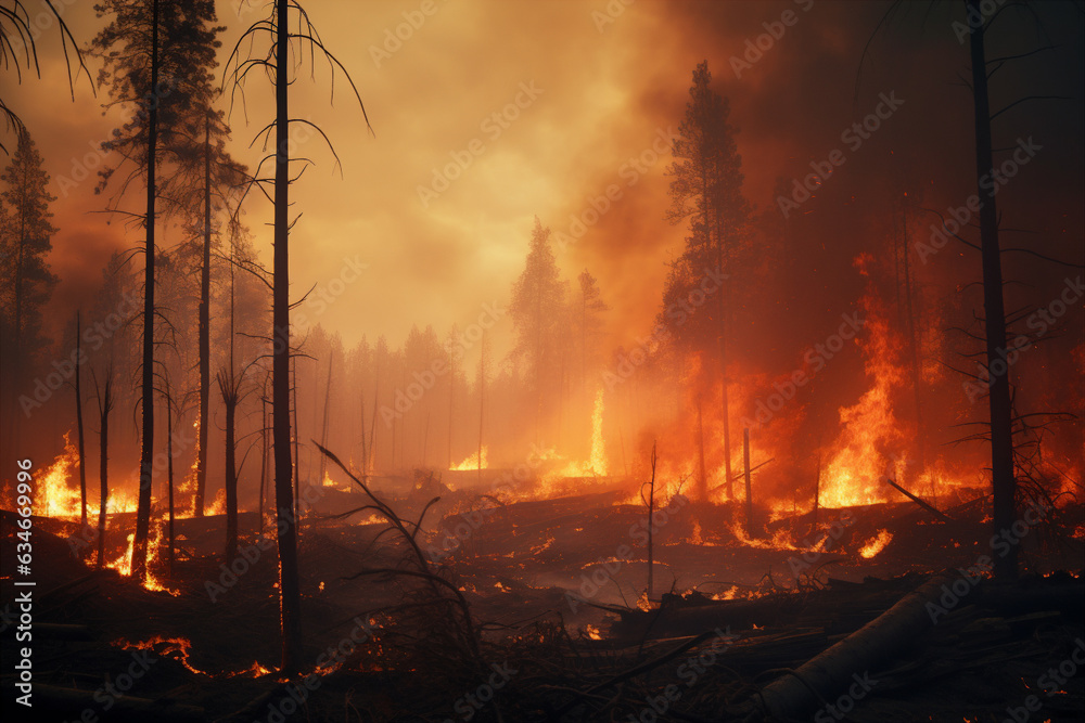 Strong forest fire. The trees are on fire. Generative AI