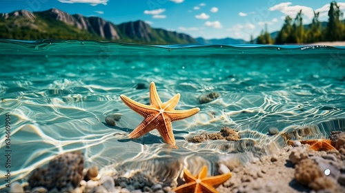 Tropical coast and seascape with clear water and starfish. Summer vacation  vacation  travel  tropical countries. Generative AI.