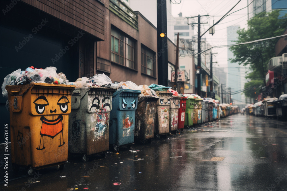 garbage containers standing on city streets.   - obrazy, fototapety, plakaty 