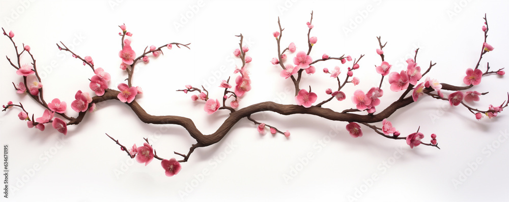 gnarled plum branches with lovely pink flowers on a white background. Generative AI - obrazy, fototapety, plakaty 