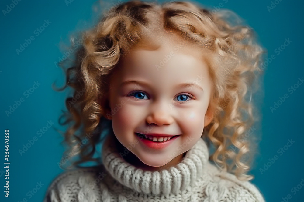 happy little girl curly blonde in a blue sweater, smiling on a blue background in the studio. Winter concept happy little girl curly blonde in a blue sweater, smiling on a blue background in the studio. Winter concept