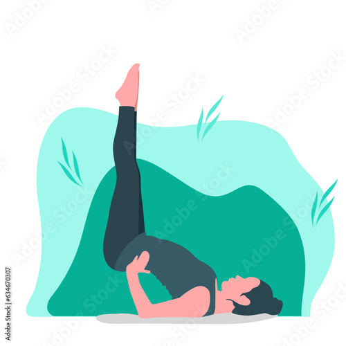 Vector illustration of girl doing salamba sarvangasana or shoulder stand pose exercise.
