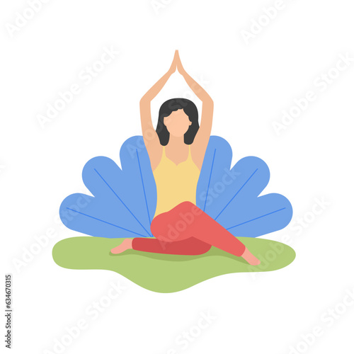 Vector illustration of girl sitting cross legged on floor practicing  yoga with hand raised over head in prayer.
