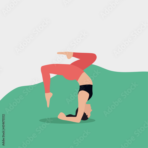 Vector illustration of young girl practicing yoga standing in Pincha Mayurasana exercise.
